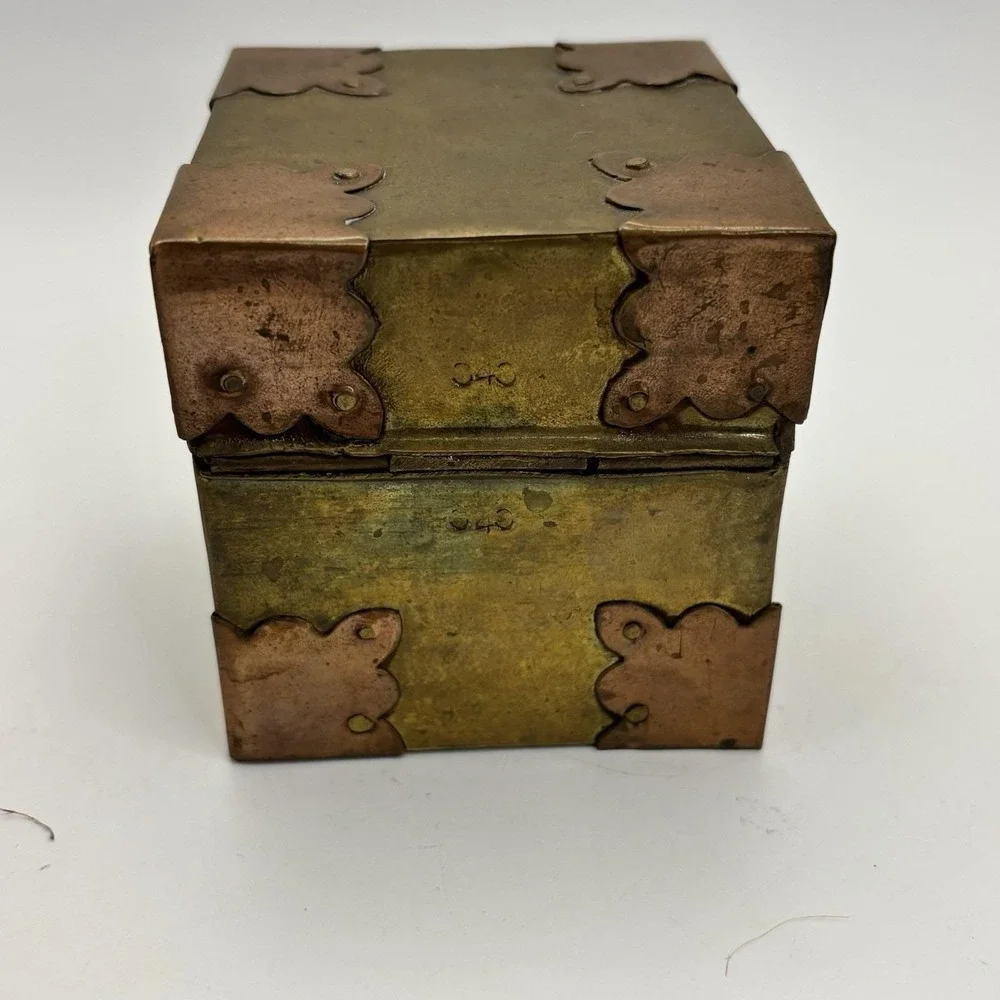 Vtg Brass‎ Copper Box Wood Lined  Hand Crafted Brass Fitted Made In India Patina